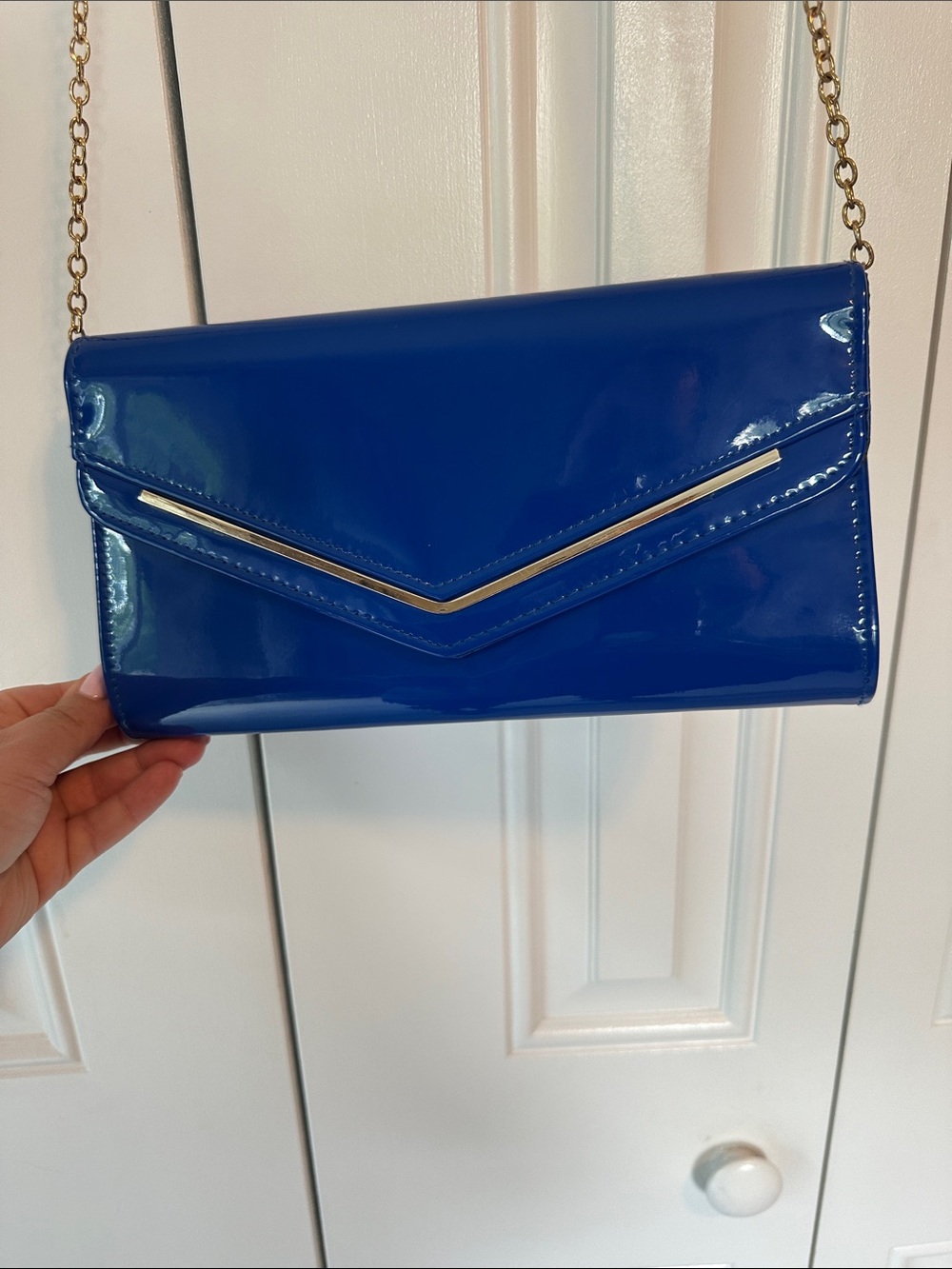 Aldo Royal Blue Patent Envelope Clutch with Gold Chain